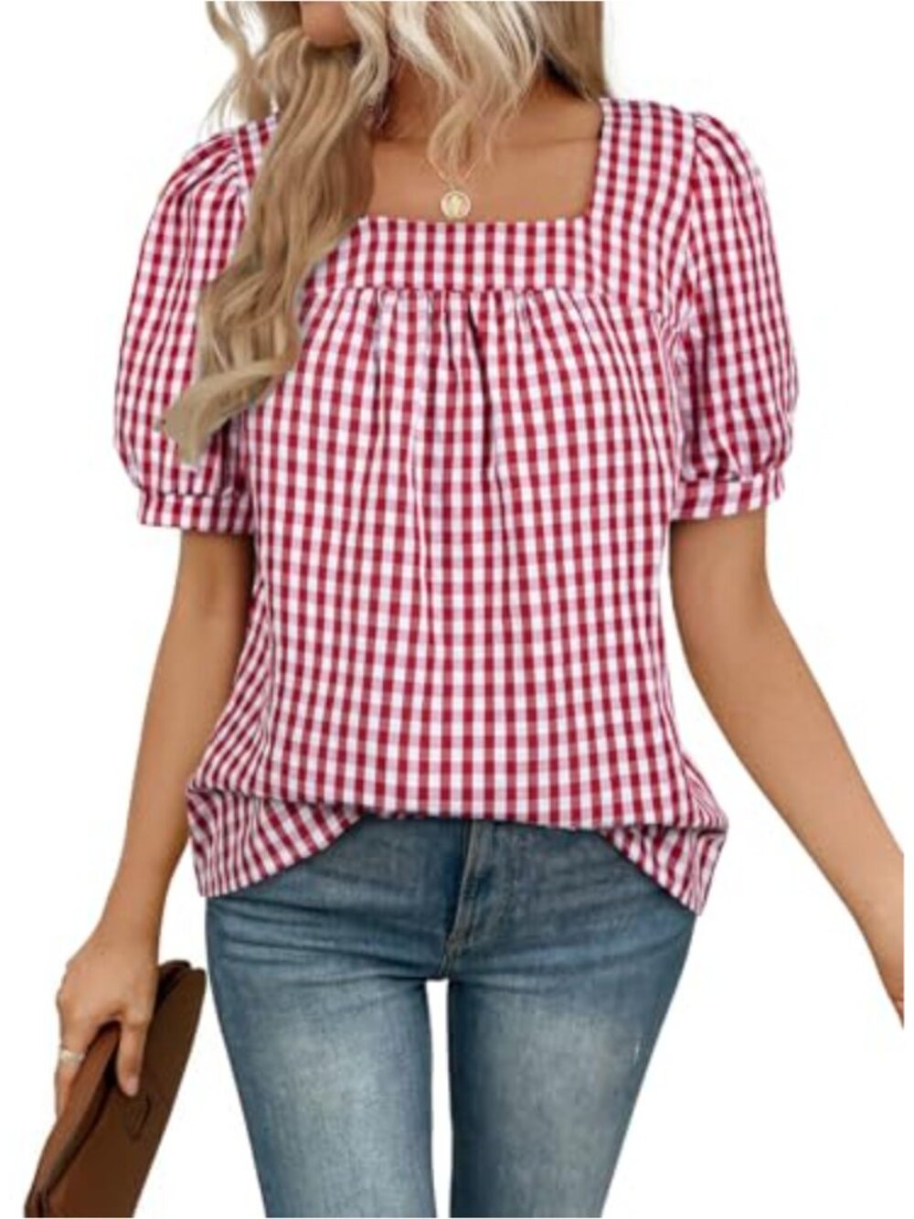 Womens Short Sleeve Square Neck Gingham Tunic Top Cotton Blend Plaid Blouse